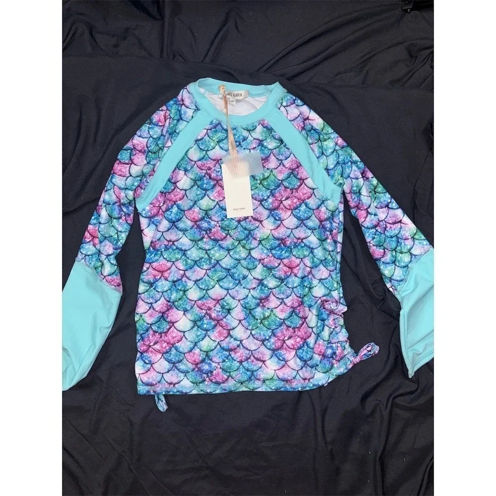 Grace Karin Girls Rash Guard Swim Top Size 14 Mermaid Scales Long Sleeve UPF 50+